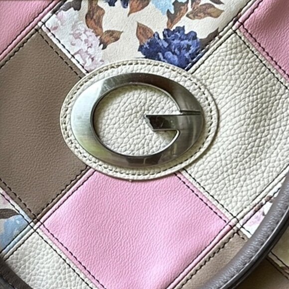 GUESS Pink Tan Brown Floral Patchwork Tote Bag Vegan Leather‎ Large Trendy - Picture 6 of 9